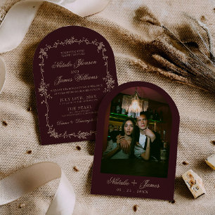 Floral Beige Burgundy Old Money Arched Wedding Invitation
