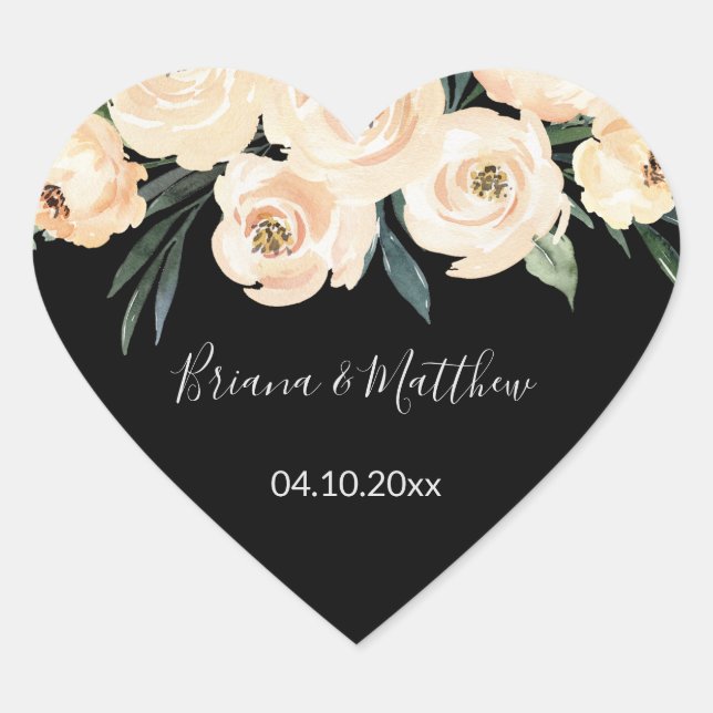 Floral Beige on Black Wedding Favours Heart Heart Sticker (Front)