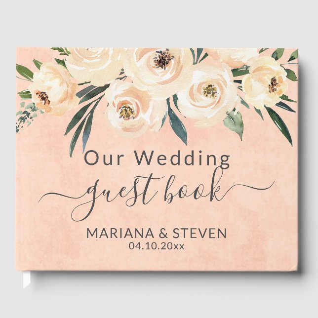 Floral Beige Peach Wedding Guest Book (Front)