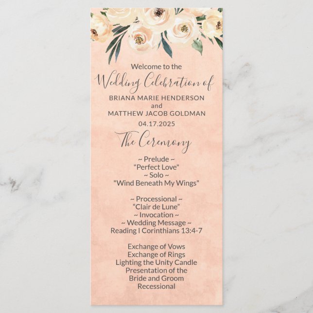 Floral Beige Pink Wedding Program Programme (Front)