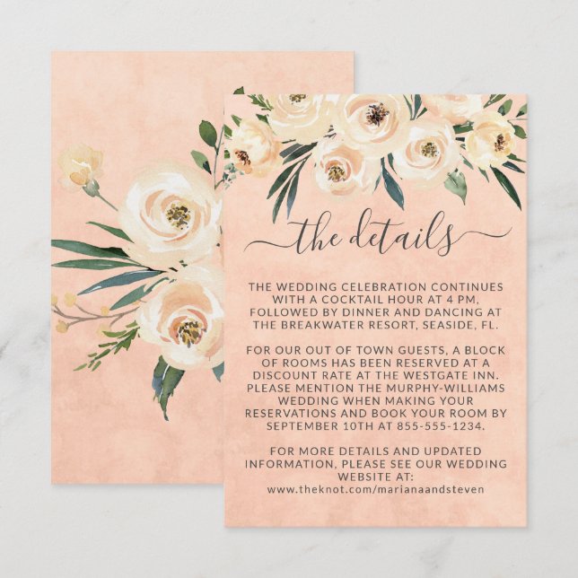 Floral Beige Roses Gold on Pink Wedding Enclosure Card (Front/Back)