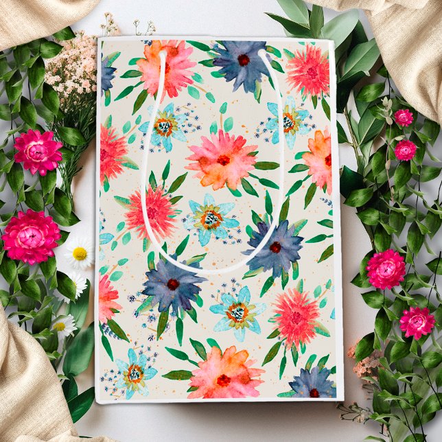 Floral Beige Spring Boho Gold Floral Wildflower Medium Gift Bag (Creator Uploaded)