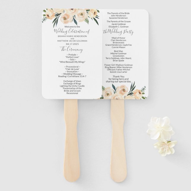 Floral Beige Wedding Program Hand Fan (Front and Back)