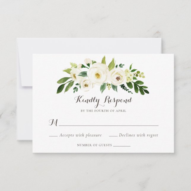 Floral Beige White Greenery Elegant Crest RSVP Invitation (Front)