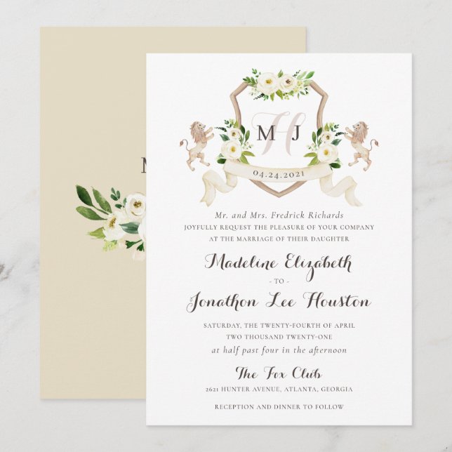 Floral Beige White Greenery Elegant Ivory Crest Invitation (Front/Back)