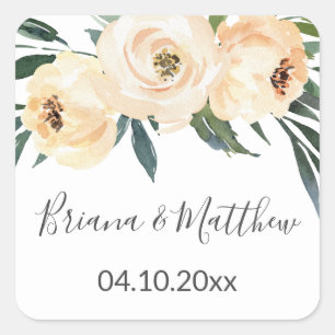 Floral Beige White Wedding Favours Square  Sticker