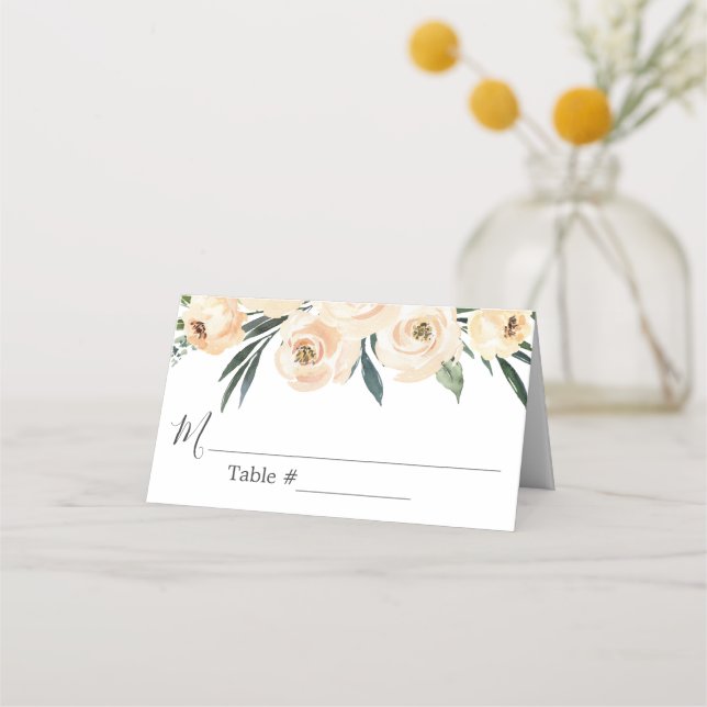 Floral Beige White Wedding Place Card (Front)