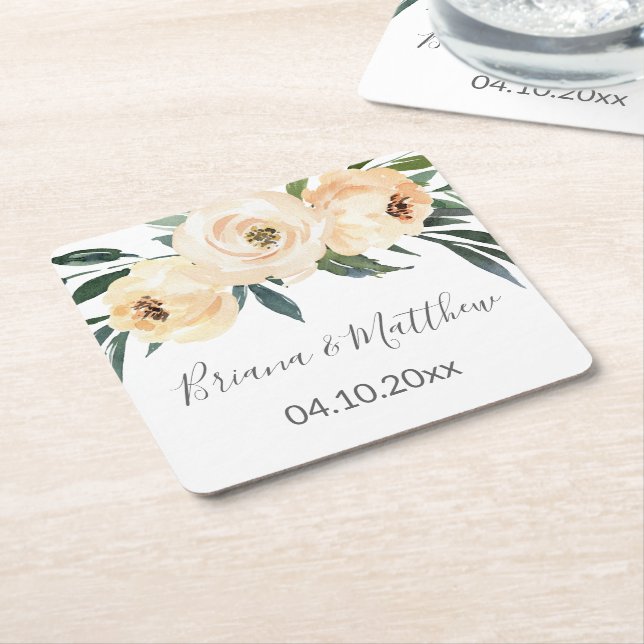 Floral Beige White Wedding Square Paper C Square Paper Coaster (Angled)