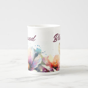  Floral Berry BLESSED Typography Design Bone China Mug
