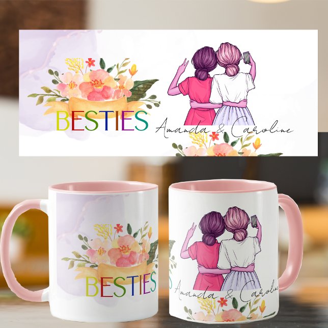  Floral Besties BFF Cute Illustration Best Friends Mug (Floral Besties BFF Cute Illustration Best Friends Mug)
