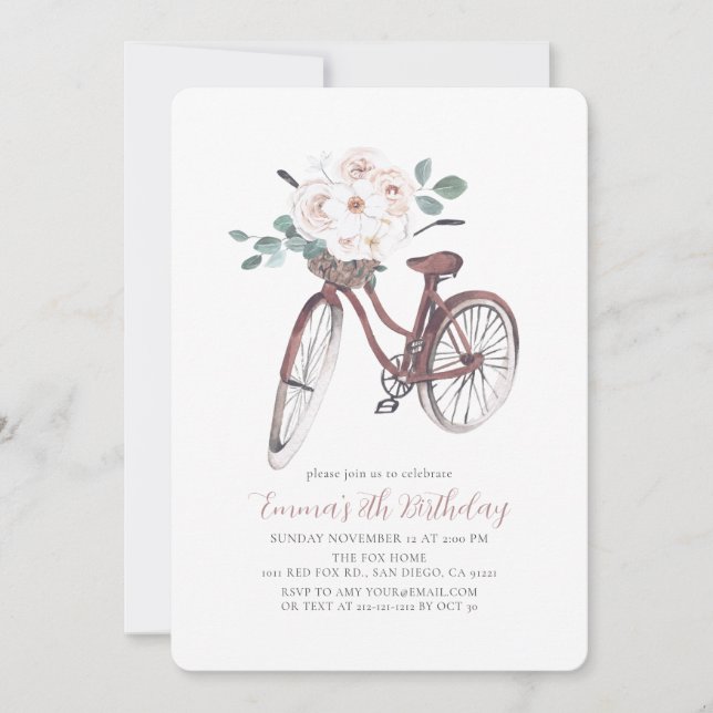 Floral Bicycle Girl Watercolor Birthday Invitation (Front)