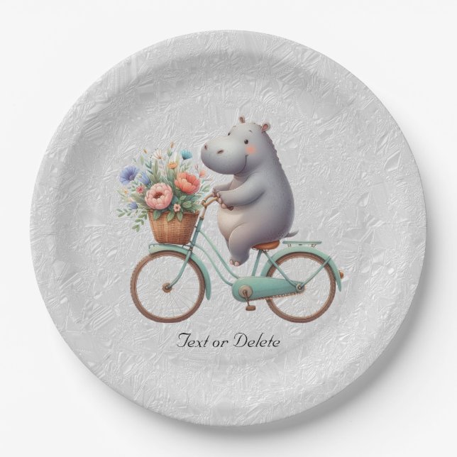 Floral Bicycle Hippo Paper Plate (Front)