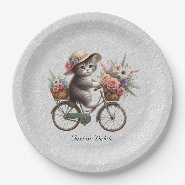 Floral Bicycle Kitten Paper Plate (Front)