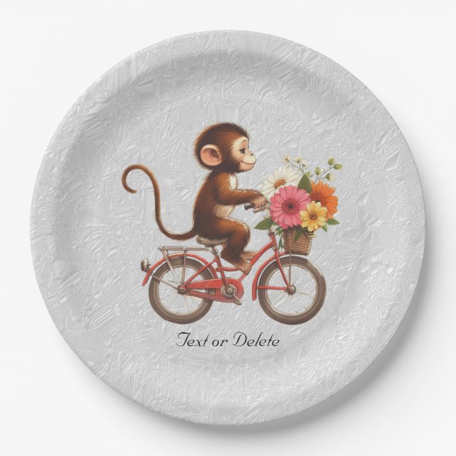 Floral Bicycle Monkey Paper Plate (Front)