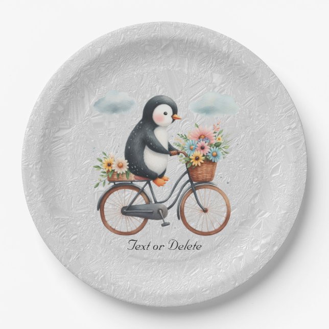 Floral Bicycle Penguin Paper Plate (Front)
