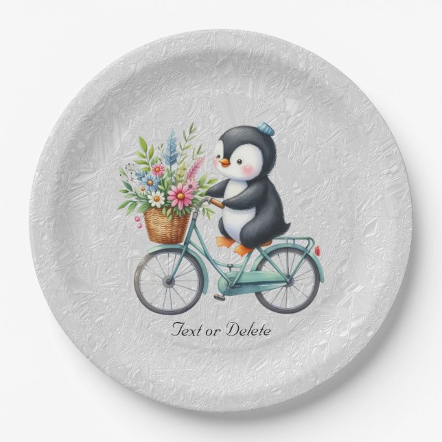 Floral Bicycle Penguin Paper Plate (Front)