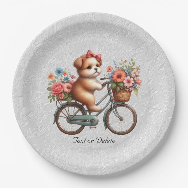 Floral Bicycle Puppy Paper Plate (Front)