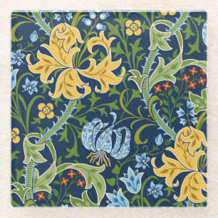Floral Big Flowers: Dark Green Vintage Glass Coaster
