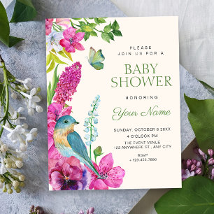 Floral bird art baby shower invitation