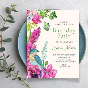 Floral bird art birthday invitation