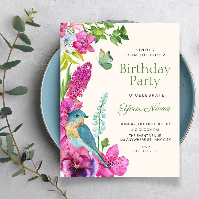 Floral bird art birthday invitation (Creator Uploaded)