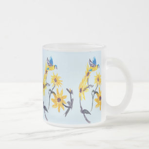Floral Bird Art, Blue Tit Sunflowers Frosted Glass Coffee Mug