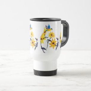 Floral Bird Art, Blue Tit Sunflowers Travel Mug