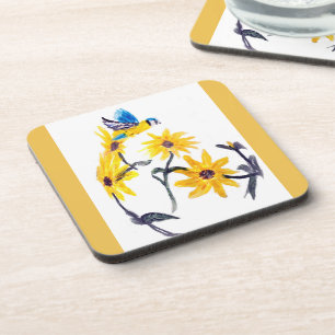 Floral Bird Art Yellow Sunflowers Coaster