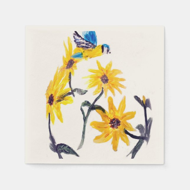 Floral Bird Art Yellow Sunflowers Napkin (Front)