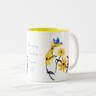 Floral Bird Art, Yellow Sunflowers Quote Two-Tone Coffee Mug