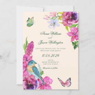 Floral bird butterfly wedding invitation