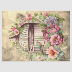 Floral Bird Cage Parchment Background Decoupage  Tissue Paper
