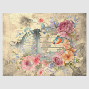 Floral Bird Cage Parchment Background Decoupage  Tissue Paper