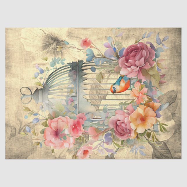 Floral Bird Cage Parchment Background Decoupage  Tissue Paper (Front)