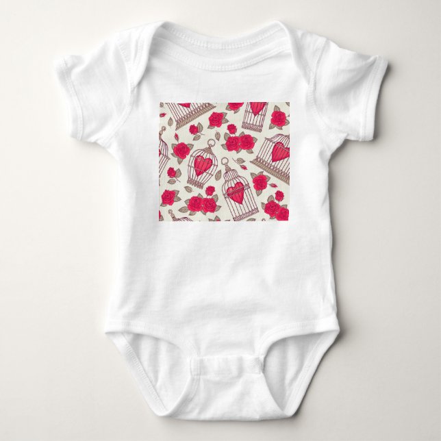 Floral Bird Cages Roses Pattern Baby Bodysuit (Front)
