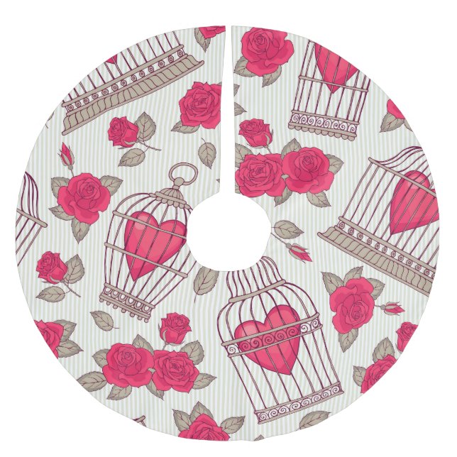 Floral Bird Cages Roses Pattern Brushed Polyester Tree Skirt (Front)