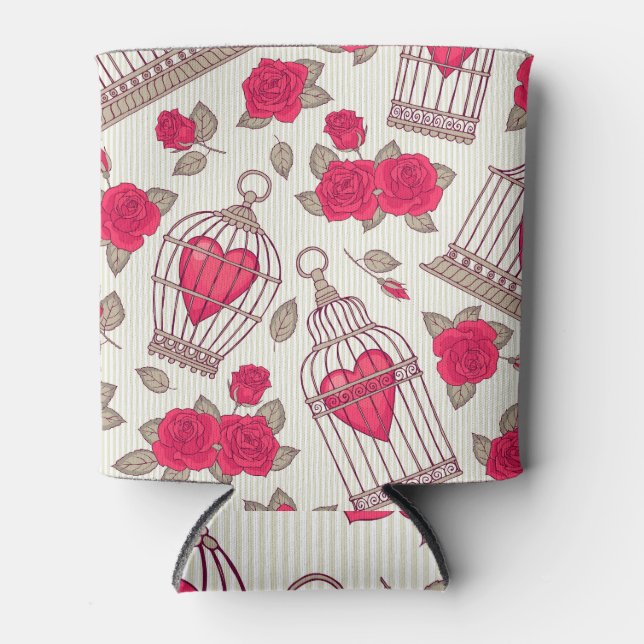 Floral Bird Cages Roses Pattern Can Cooler (Front)
