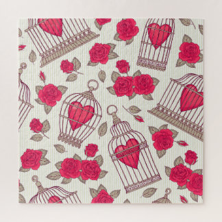 Floral Bird Cages Roses Pattern Jigsaw Puzzle