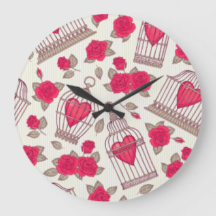 Floral Bird Cages Roses Pattern Large Clock