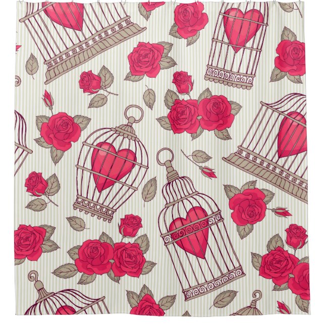 Floral Bird Cages Roses Pattern Shower Curtain (Front)