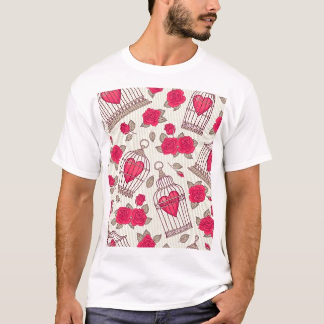 Floral Bird Cages Roses Pattern T-Shirt (Front)