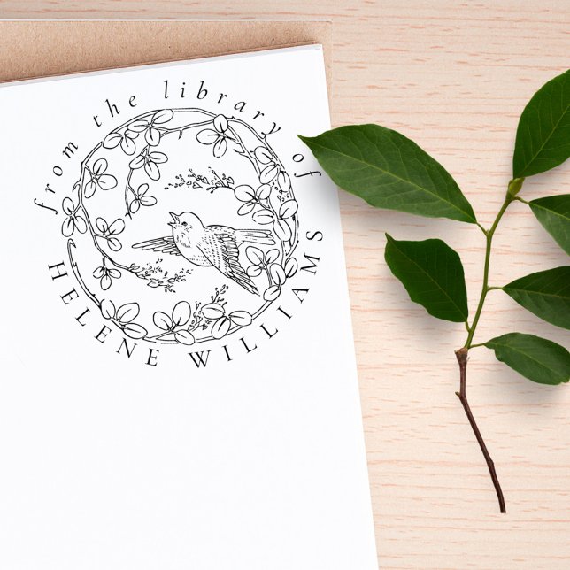 Floral Bird Elegant Script Library Books Rubber Stamp (Creator Uploaded)