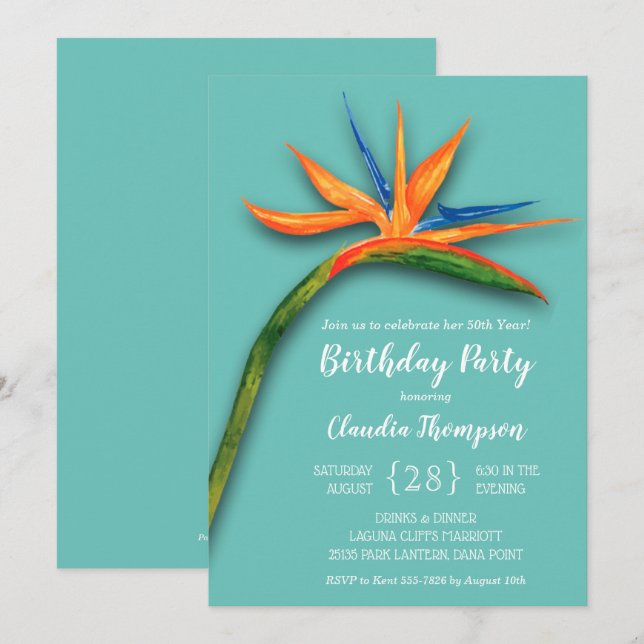 Floral Bird of Paradise Birthday Invitations (Front/Back)