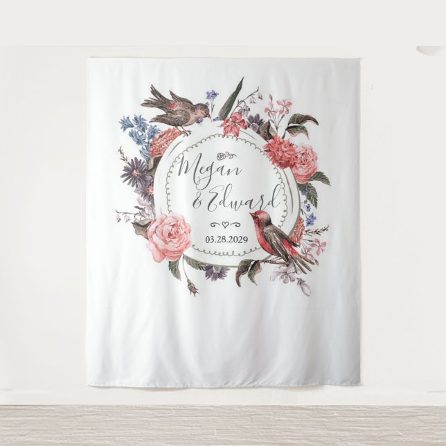 Floral Bird Wedding Backdrop Reception Decor Tapestry (Front)