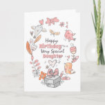 Floral bird wreath whimsical daughter birthday  card<br><div class="desc">A beautiful illustration of a whimsical hand drawn floral wreath comprising of pastel grey, pink and orange flowers, chirping birds and a gift with a ribbon on it which frame a butterfly and the words, happy birthday to a very special daughter (which may be changed to granddaughter, niece, godchild etc)...</div>