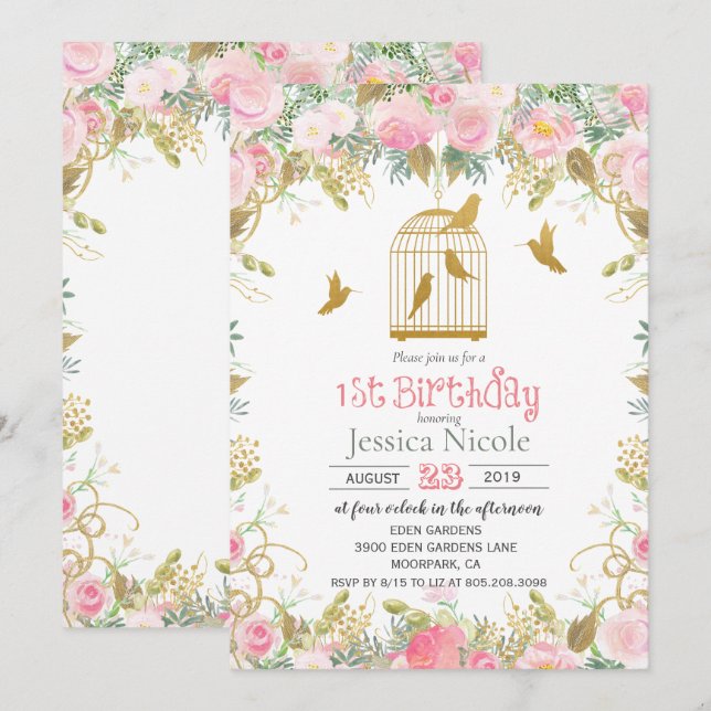 Floral Birdcage 1st Birthday Invitation (Front/Back)