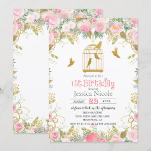 Floral Birdcage 1st Birthday Invitation