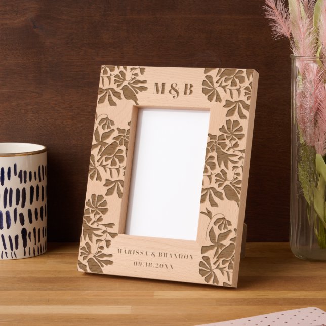 Floral Birds Custom Wedding Couple Monogram Photo Etched Frames (Left)