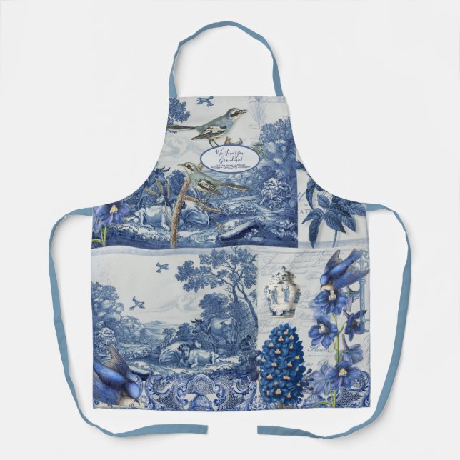 Floral Birds English Garden Blue and White Toile A Apron (Front)