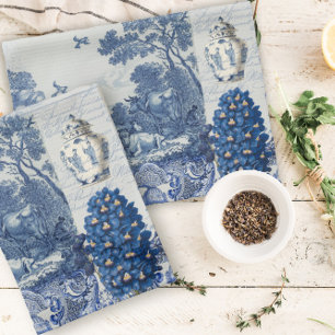Floral Birds English Garden Toile Blue and White Tea Towel